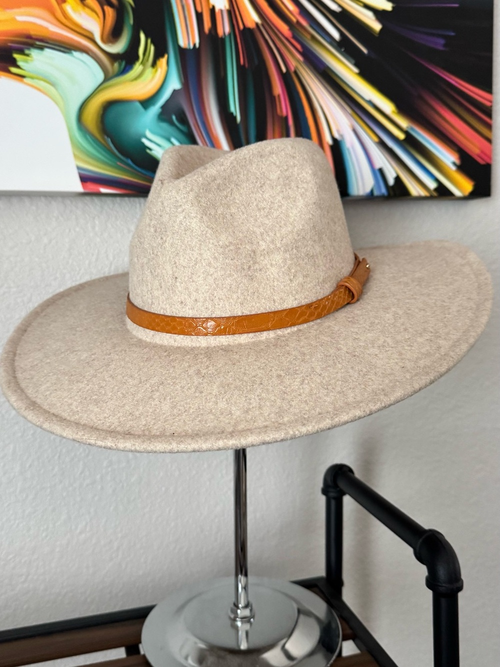 Men's Wide Brim Wool Blend Fedora Hat with Brown Band - Beige